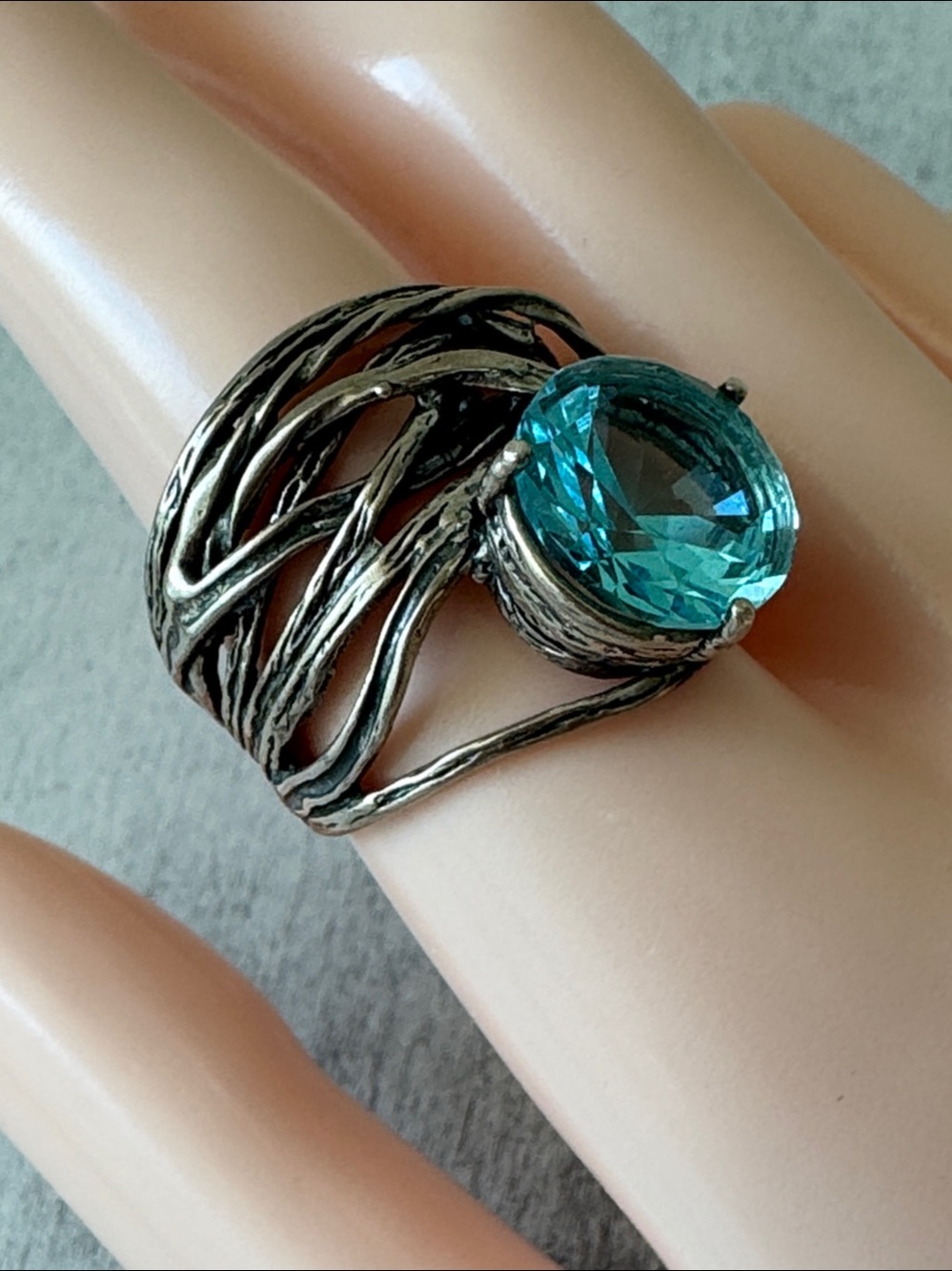 Noa Zuman 925 Sterling Silver Statement Ring W Blue Faceted Stone Israel Sz.10.5
